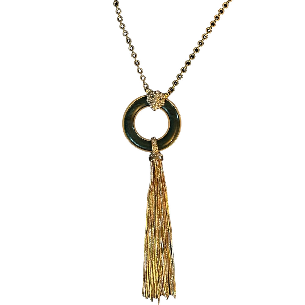 White House Black Market Gold Tassel Necklace with Green Ring and Crystal Heart